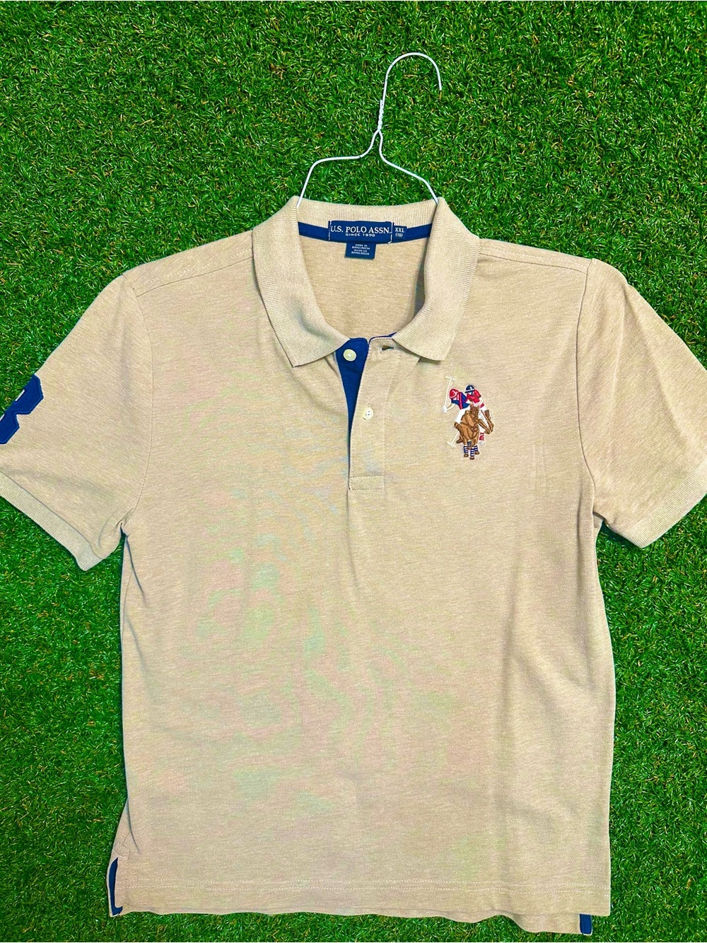 U.S. Polo Assn. Beige Polo with Navy Accents and Multicolor Embroidery